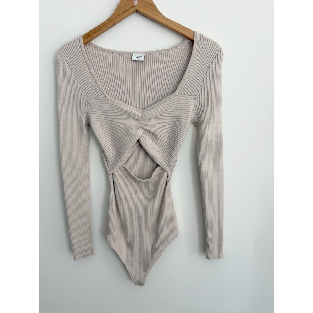 Abercrombie Womens Cutout Bodysuit M Beige Ribbed Long Sleeve Y2k